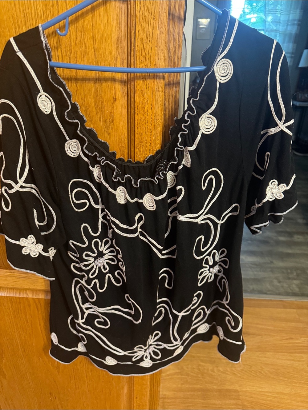 Black Embroidered Short Sleeve Women's Top - White Floral Trim